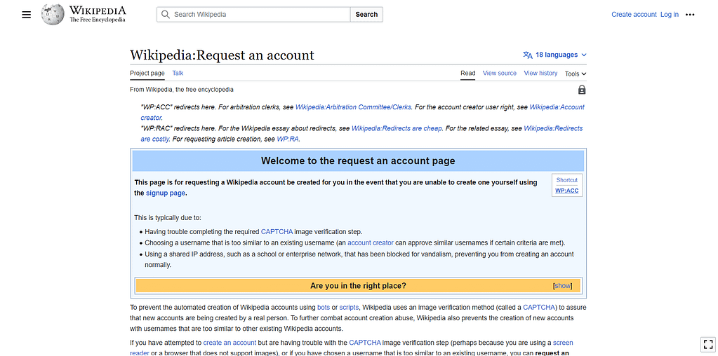  request an account with Wikipedia