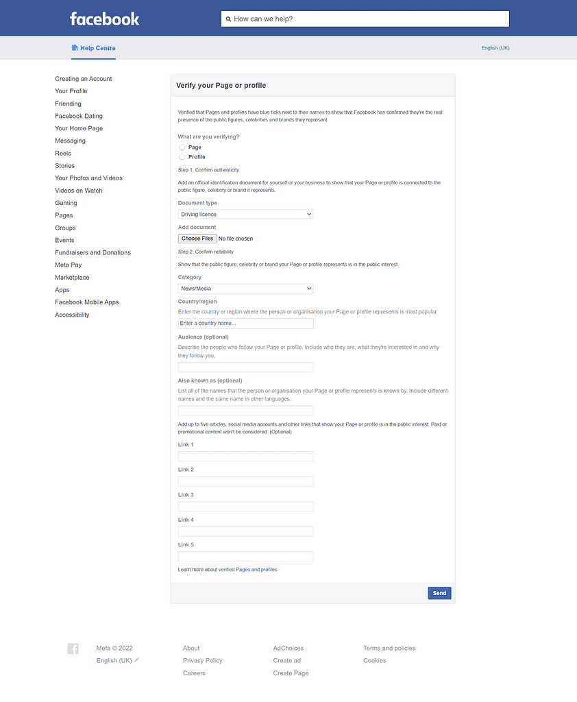 facebook verification form